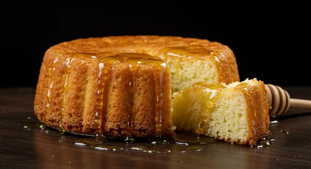 A golden Kefir and Honey Cake drizzled with fresh honey, with a slice cut to showcase its moist texture.