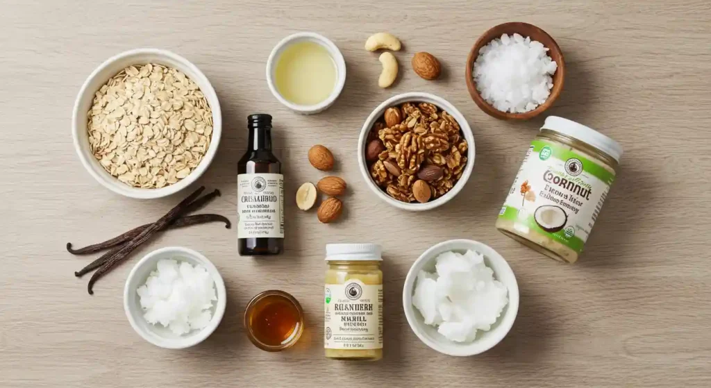  Ingredients for a vanilla nut granola recipe, including rolled oats, vanilla extract, mixed nuts, coconut oil, honey, and sea salt, arranged neatly on a wooden table.