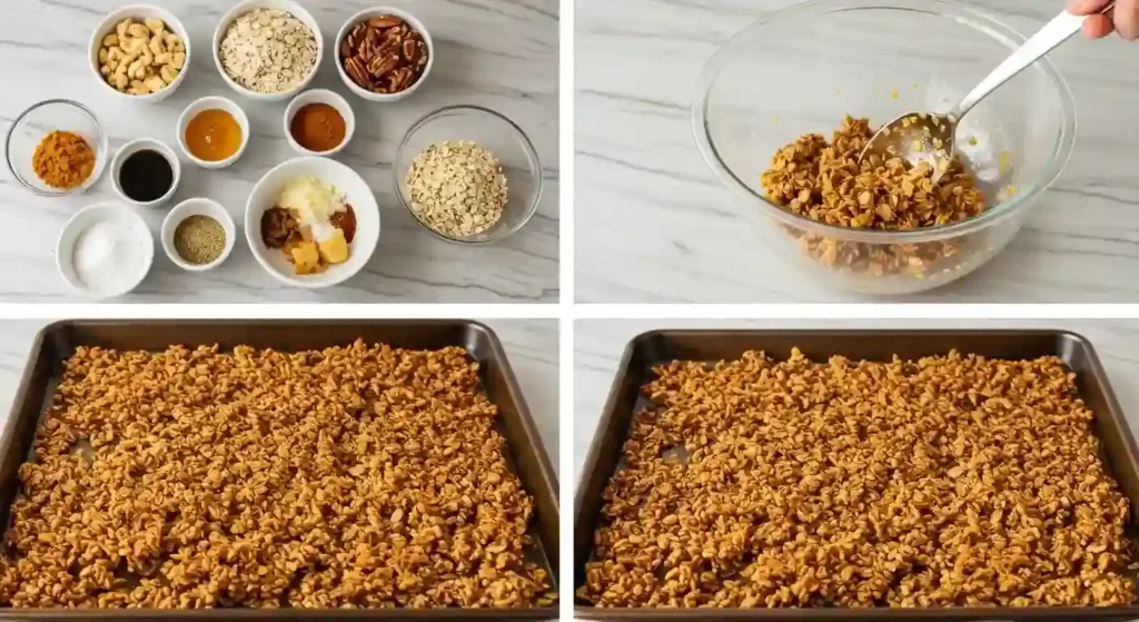 Step-by-step process for making vanilla nut granola, showing ingredients, mixing in a bowl, and spreading the mixture on a baking sheet before and after baking.