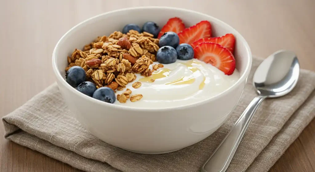 A bowl of yogurt topped with vanilla nut granola, fresh blueberries, strawberries, and a drizzle of honey, served on a beige napkin with a spoon beside it.