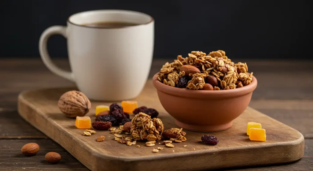 A bowl of vanilla nut granola with dried fruits, almonds, and walnuts on a wooden board, accompanied by a cup of coffee and scattered granola pieces.