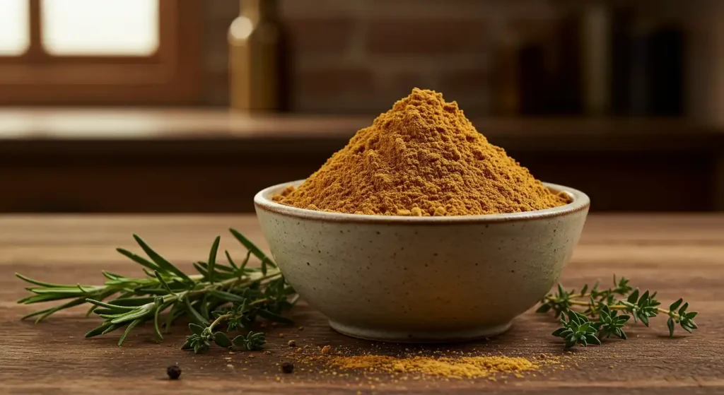 A bowl of beef bouillon powder on a wooden table surrounded by fresh rosemary and thyme, perfect for a brisket recipe.