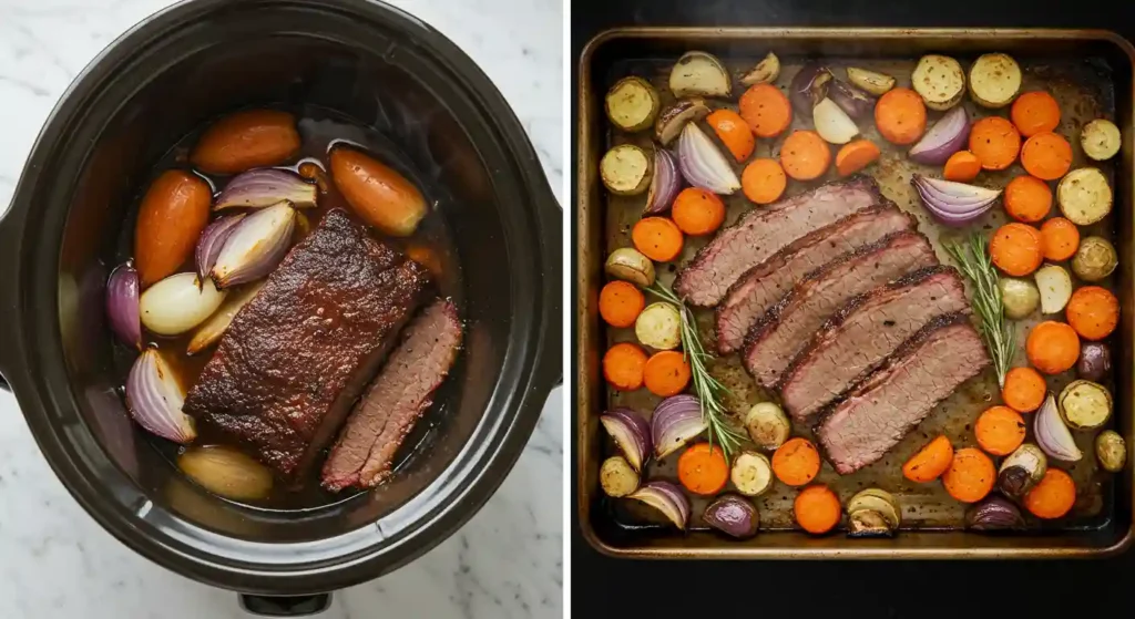 Slow-cooked brisket with vegetables in a crockpot on the left and oven-roasted brisket with carrots, potatoes, and onions on the right, both made with beef bouillon powder.