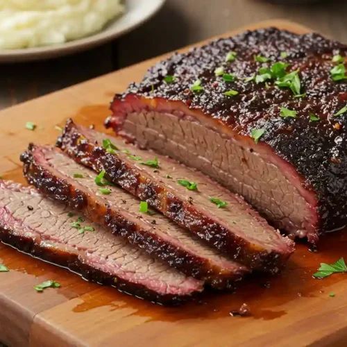 Sliced brisket on a wooden cutting board, garnished with parsley and cooked using beef bouillon powder for a rich, flavorful recipe.