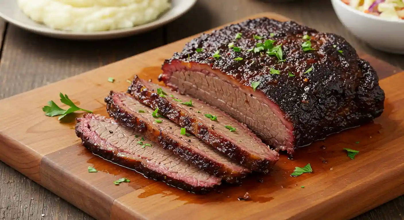 Sliced brisket on a wooden cutting board, garnished with parsley and cooked using beef bouillon powder for a rich, flavorful recipe.