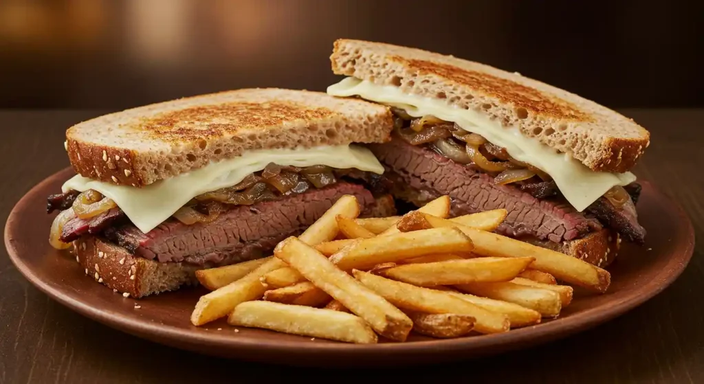 A brisket sandwich with melted cheese, caramelized onions, and toasted bread, served with crispy French fries on a wooden plate.