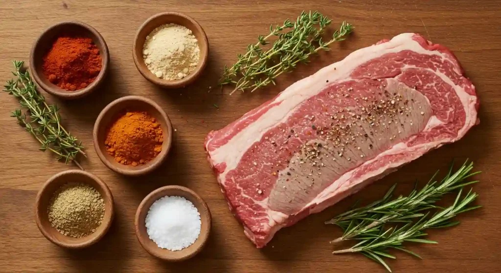 A raw brisket on a wooden table surrounded by small bowls of spices, including beef bouillon powder, and fresh herbs like rosemary and thyme.