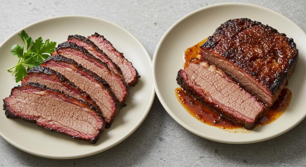 Two plates of sliced brisket, one with a dry rub crust and parsley garnish, and the other with brisket coated in a rich, savory sauce, made with beef bouillon powder.