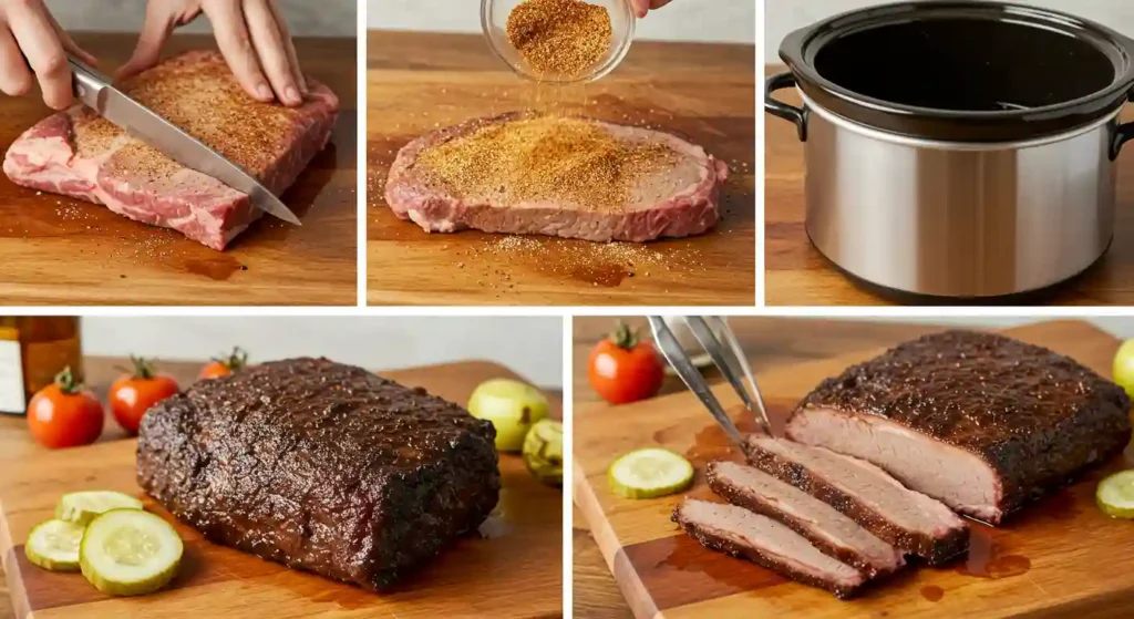 Step-by-step images showing brisket preparation, seasoning with beef bouillon powder, cooking in a slow cooker, and slicing the finished brisket.