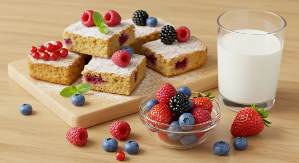 A wooden table set with slices of kefir sheet cake dusted with powdered sugar, garnished with fresh berries and mint leaves, accompanied by a glass of milk and a bowl of mixed berries.