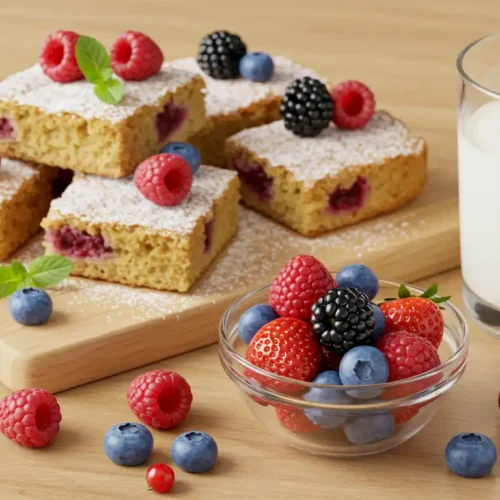 A wooden table set with slices of kefir sheet cake dusted with powdered sugar, garnished with fresh berries and mint leaves, accompanied by a glass of milk and a bowl of mixed berries.