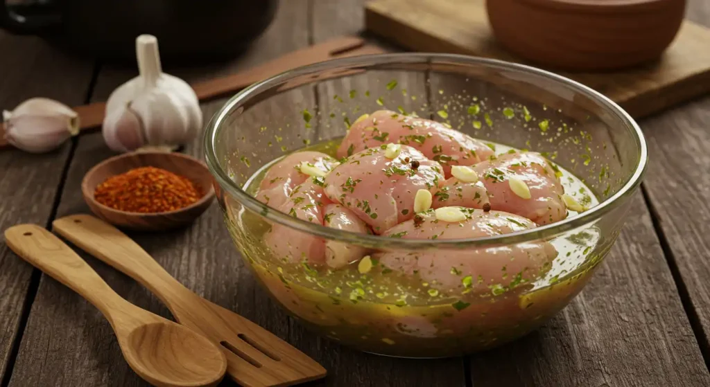 Chicken marinating in a lime, garlic, and herb mixture inside a glass bowl on a rustic wooden table, surrounded by fresh garlic, chili flakes, and wooden utensils.