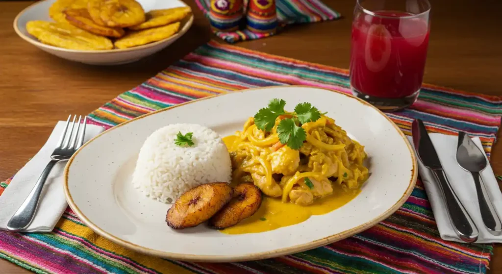 A beautifully plated Churu Chicken Amarillo Recipe en Lima served with white rice, fried plantains, and a glass of Chicha Morada on a vibrant Peruvian textile.