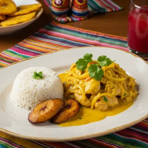 A beautifully plated Churu Chicken Amarillo Recipe en Lima served with white rice, fried plantains, and a glass of Chicha Morada on a vibrant Peruvian textile.