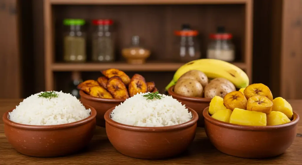 A variety of Peruvian side dishes in clay bowls, including rice, fried plantains, potatoes, and bananas, arranged on a wooden table with a rustic spice shelf in the background.