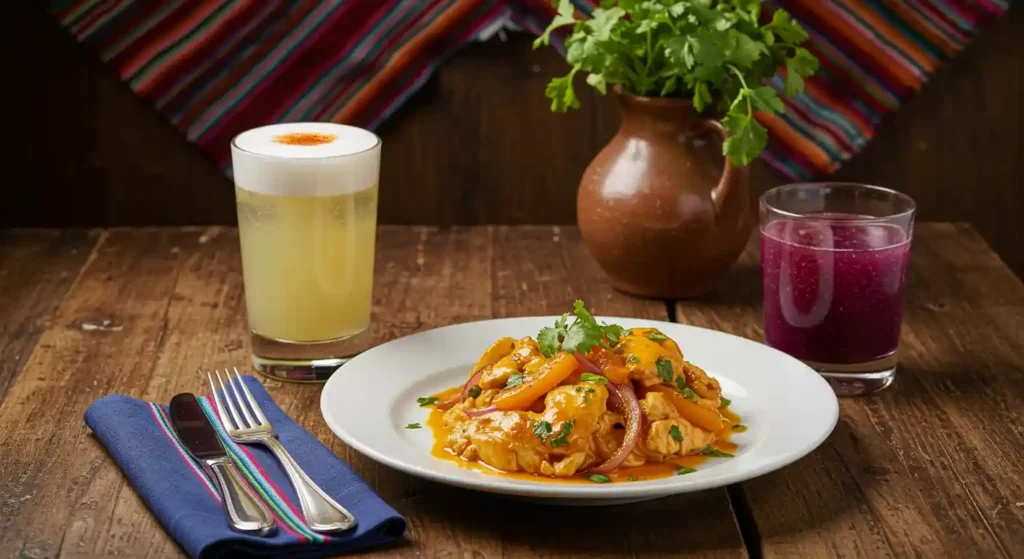 A plate of Churu Chicken Amarillo served on a rustic wooden table, accompanied by a Pisco Sour, Chicha Morada, and fresh cilantro in a clay vase with Peruvian textiles in the background.