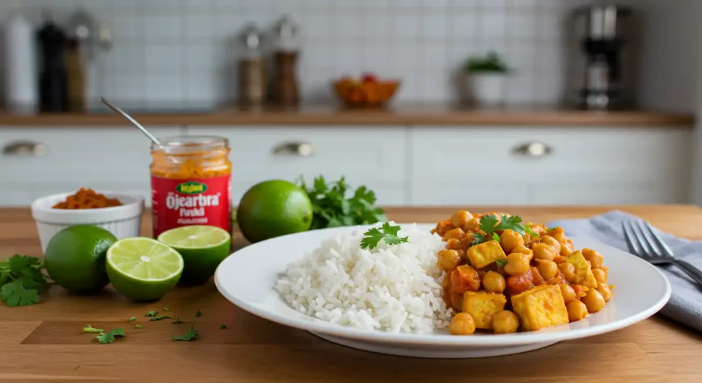 A vegetarian version of Churu Chicken Amarillo served with tofu and chickpeas in a vibrant sauce, paired with white rice, fresh lime, and garnished with cilantro on a kitchen counter.