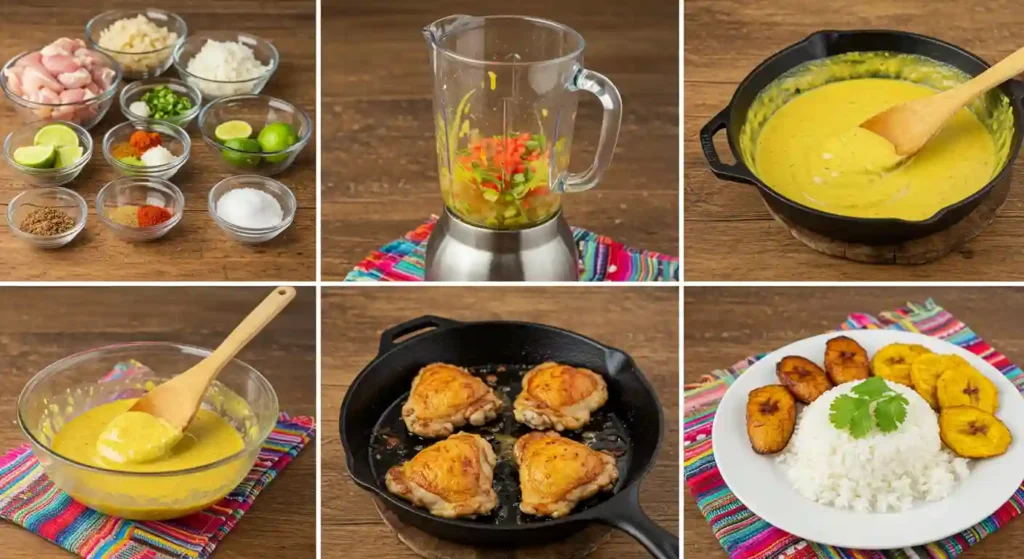 Step-by-step collage showing the preparation of Churu Chicken Amarillo Recipe en Lima, from ingredients to the final plated dish with rice and plantains.