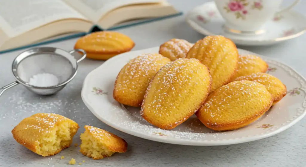 Golden Madeleine cookies dusted with powdered sugar, served on a floral plate, showcasing a Madeleine cookies recipe using cream, with a tea cup and book in the background.