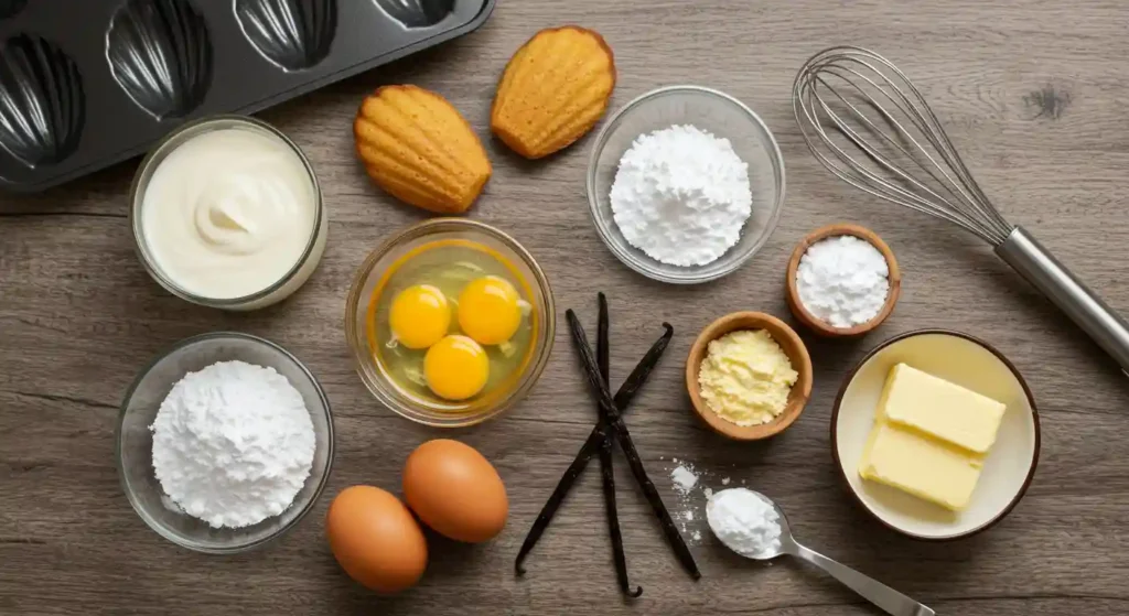 Ingredients for a Madeleine cookies recipe using cream, including eggs, butter, cream, powdered sugar, vanilla beans, and a whisk, arranged on a rustic wooden table with a Madeleine pan in the background.