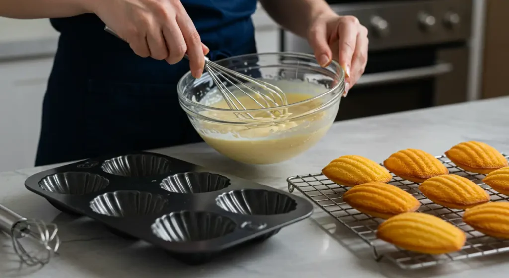 Baker whisking batter in a glass bowl for a Madeleine cookies recipe using cream, with a Madeleine pan and freshly baked Madeleines cooling on a wire rack.