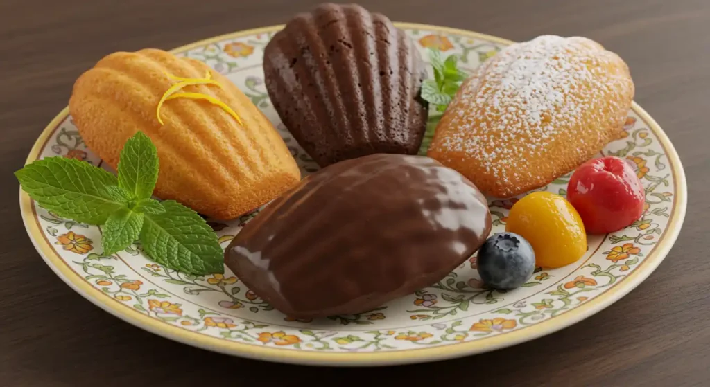 Variety of Madeleines prepared with a Madeleine cookies recipe using cream, featuring classic, chocolate-dipped, powdered sugar-dusted, and lemon zest garnished cookies on a decorative plate with fresh fruit and mint leaves.