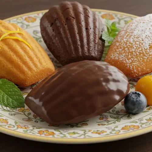 Variety of Madeleines prepared with a Madeleine cookies recipe using cream, featuring classic, chocolate-dipped, powdered sugar-dusted, and lemon zest garnished cookies on a decorative plate with fresh fruit and mint leaves.