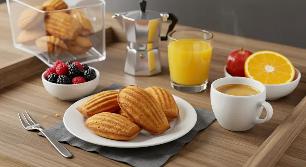 Breakfast tray featuring Madeleines from a Madeleine cookies recipe using cream, served with fresh berries, orange juice, a cup of espresso, and sliced oranges and apples.