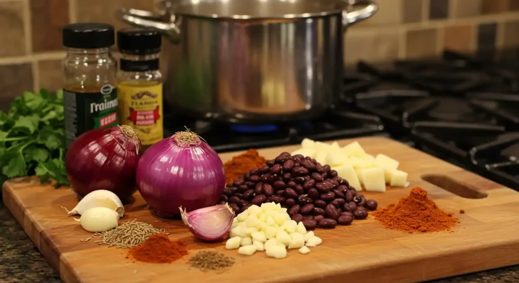 Ingredients for a purple black bean soup recipe on a wooden cutting board, including purple onions, black beans, garlic, spices, and cilantro, with a pot in the background.