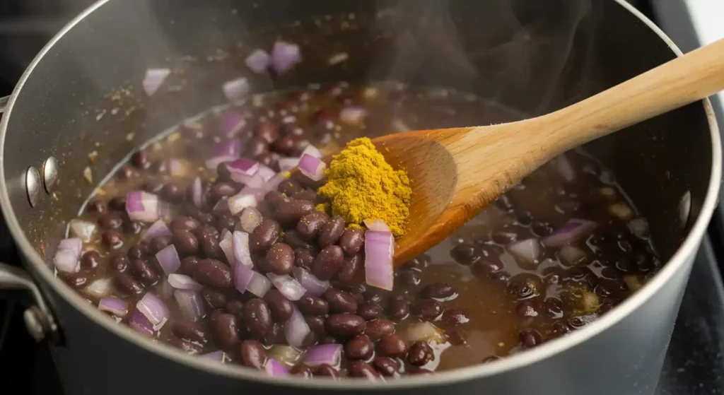 Purple black bean soup being cooked in a pot, with diced onions, black beans, and spices being stirred with a wooden spoon.