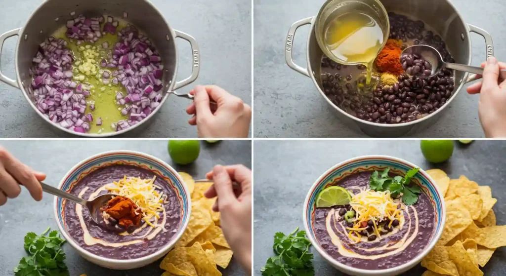 Step-by-step process of making purple black bean soup recipe, including sautéing onions, adding broth and spices, blending soup, and garnishing the finished bowl with cheese, lime, and cilantro.