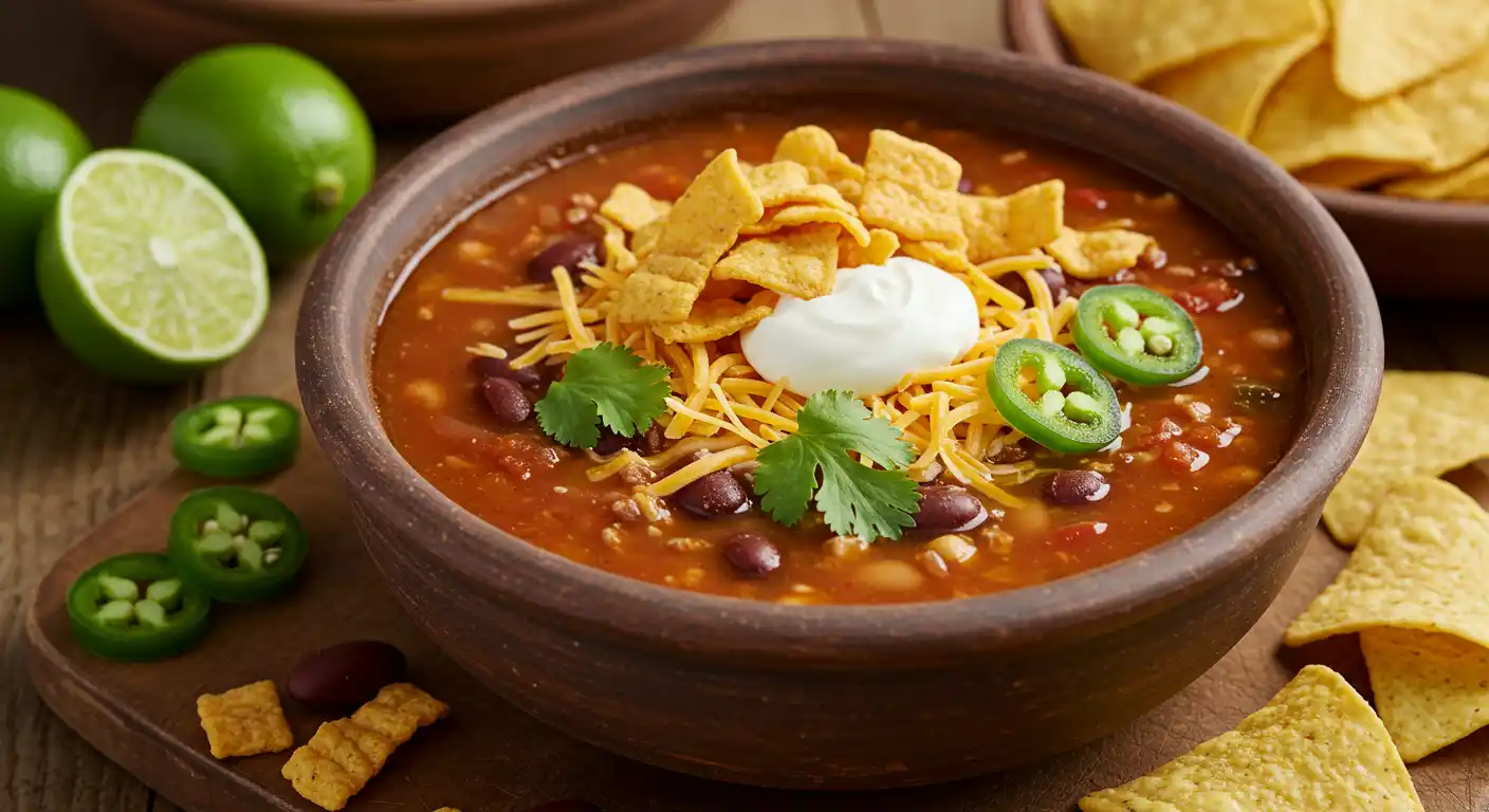 A bowl of taco soup frios recipe topped with shredded cheese, sour cream, crispy tortilla strips, cilantro, and sliced jalapeños, surrounded by limes and tortilla chips.