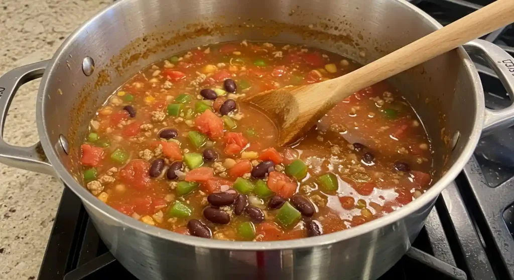 A pot of taco soup frios recipe simmering on the stove, with visible beans, diced tomatoes, green peppers, and ground beef stirred with a wooden spoon.