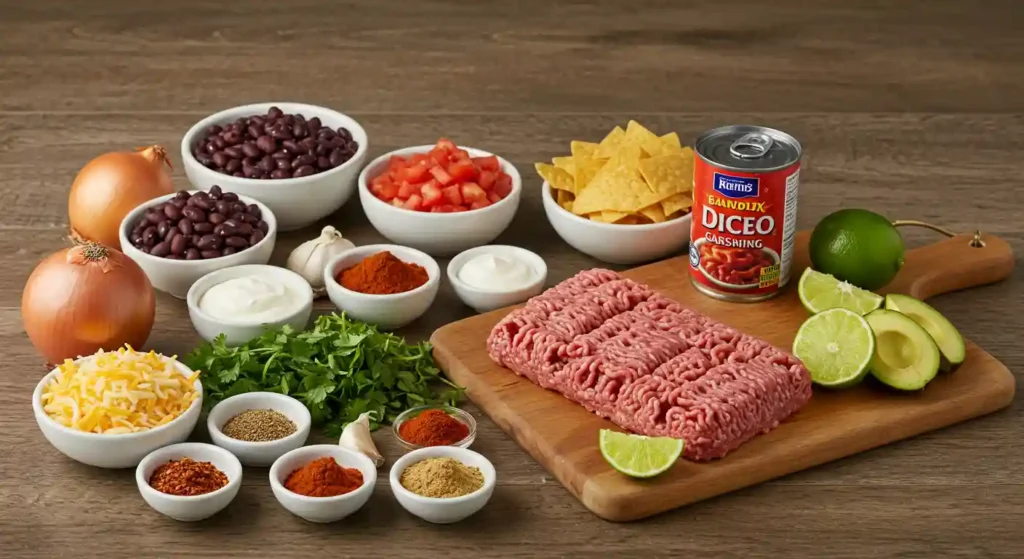 Ingredients for a taco soup frios recipe laid out on a wooden table, including ground beef, beans, diced tomatoes, spices, and fresh toppings.