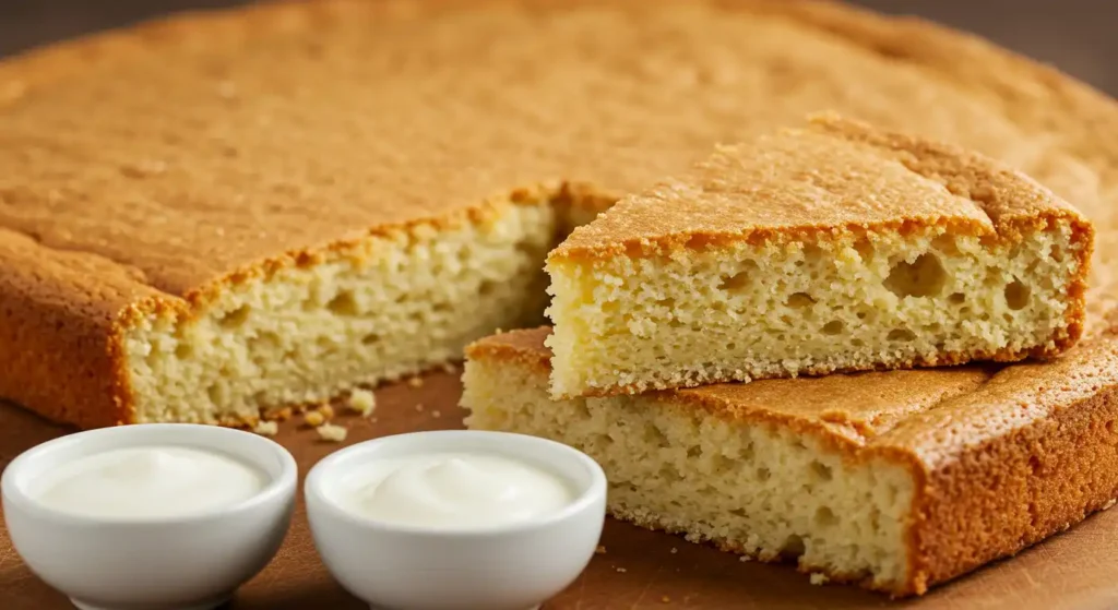 Close-up of a sliced Kefir Sheet Cake with two bowls of kefir on the side.