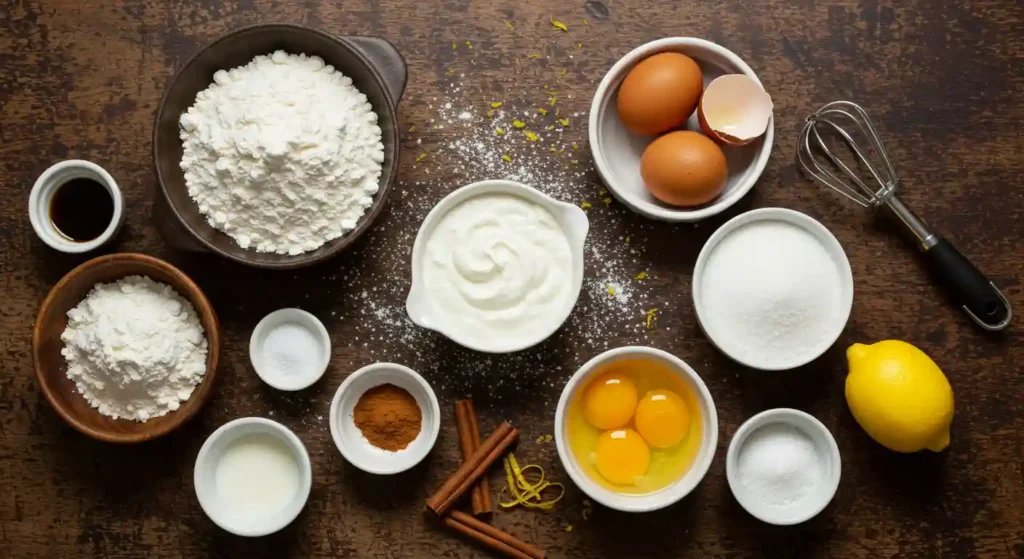 Ingredients for Kefir Sheet Cake arranged on a wooden surface, including flour, eggs, kefir, sugar, and spices.