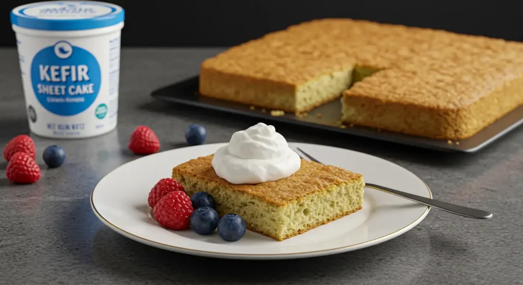 A slice of Kefir Sheet Cake served with whipped cream and fresh berries, with the full cake and kefir container in the background.