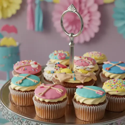 Bow and arrow recipe-themed cupcakes displayed on a decorative stand with colorful party decorations in the background.