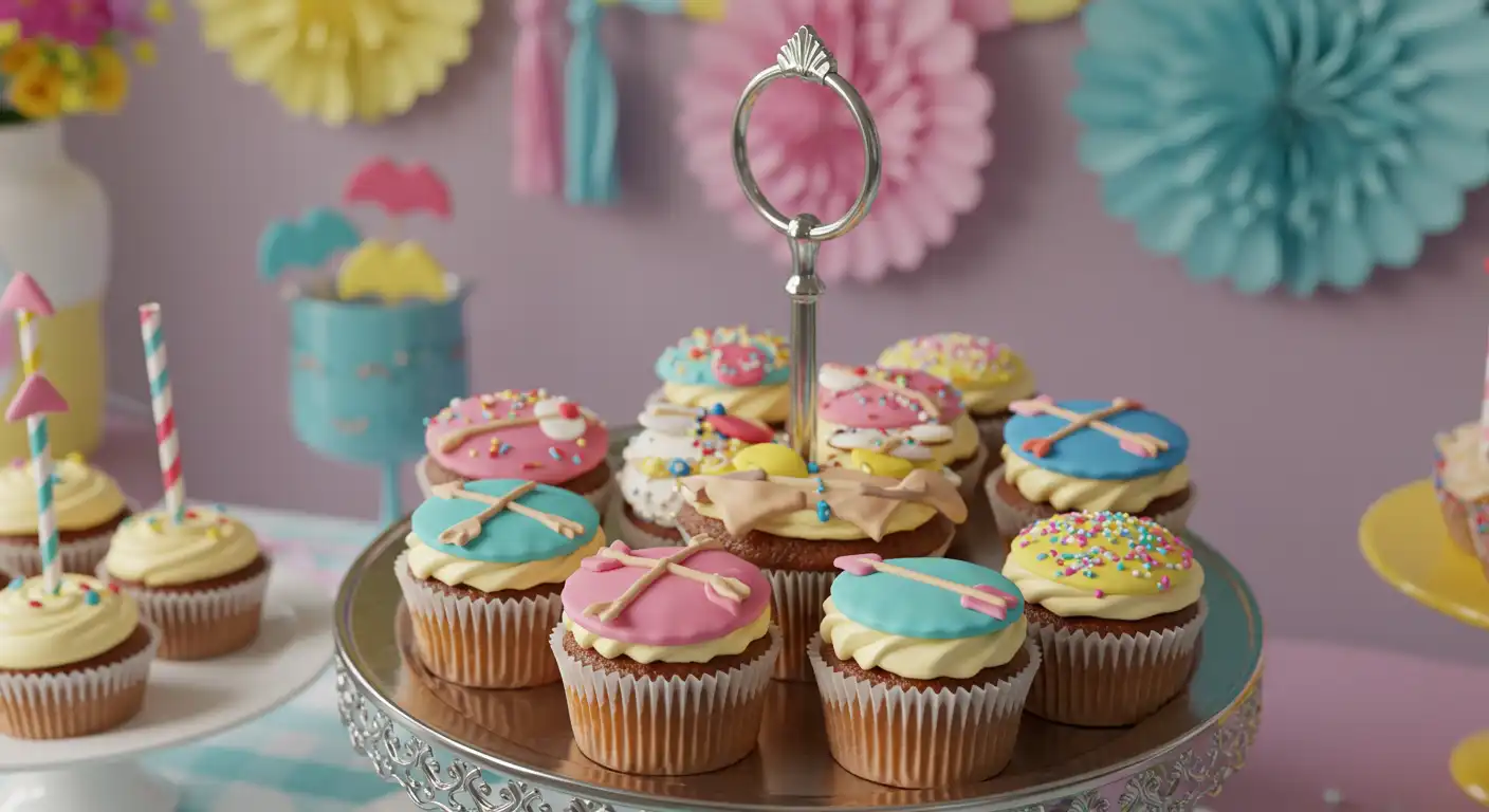 Bow and arrow recipe-themed cupcakes displayed on a decorative stand with colorful party decorations in the background.