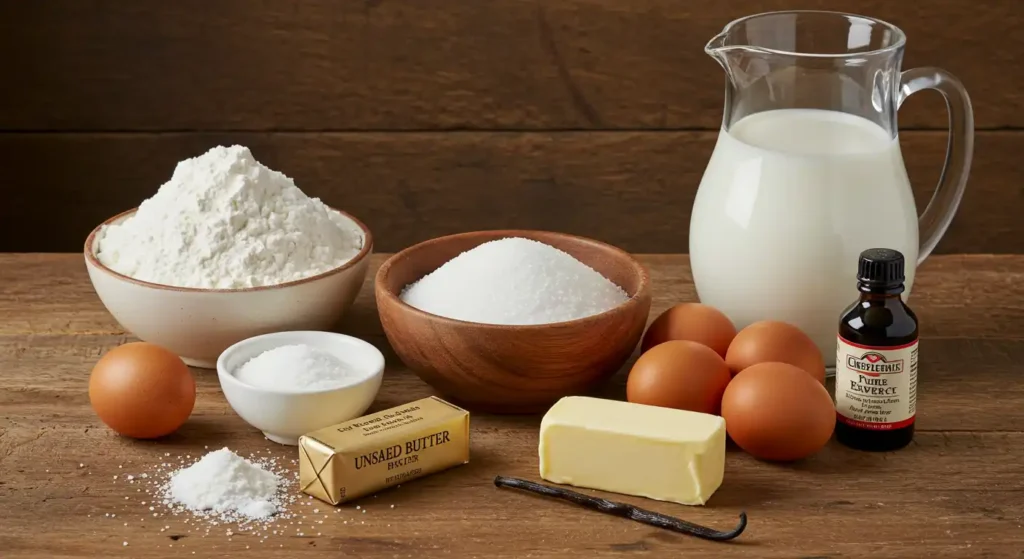 Ingredients for bow and arrow cupcakes recipe, including flour, sugar, eggs, butter, milk, and vanilla extract, arranged on a wooden table.