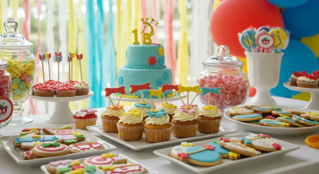 A colorful dessert table featuring bow and arrow cupcakes, themed cookies, a decorative cake, and candy jars at a festive celebration.