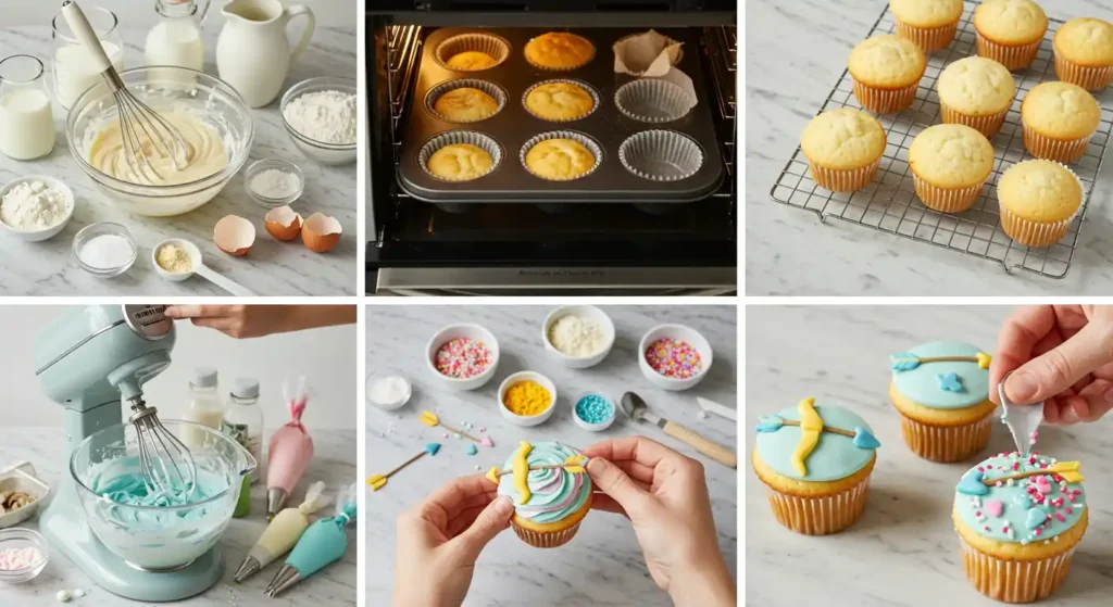 Step-by-step process for making bow and arrow cupcakes, including mixing, baking, frosting, and decorating.