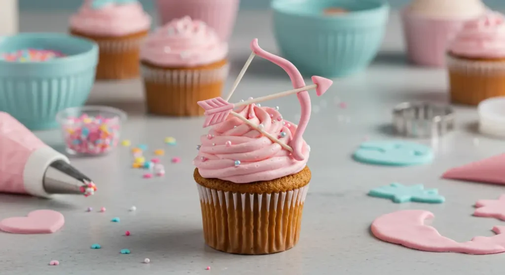 A beautifully decorated bow and arrow cupcake with pink frosting, surrounded by decorating tools and sprinkles.