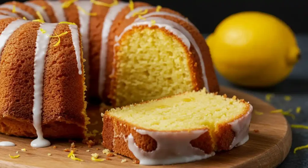 A sliced Lemon Kefir Pound Cake with a drizzle of icing and lemon zest on a wooden board.

Title: Moist and Tangy Lemon Kefir Pound Cake with Icing