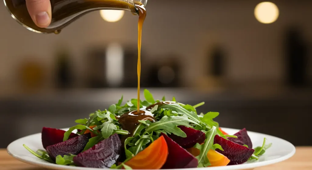 Close-up of balsamic vinaigrette being poured over a fresh Balthazar Beet Salad with arugula and colorful beet slices.