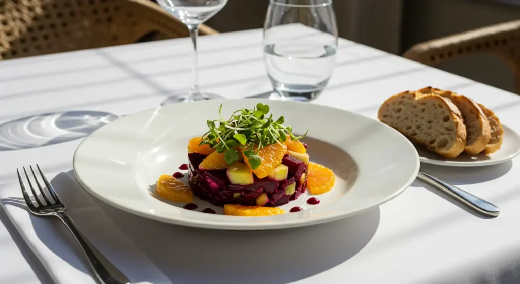 Elegant plating of the Balthazar Beet Salad with orange segments, microgreens, and a side of crusty bread on a sunlit table.