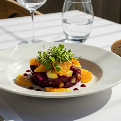 Elegant plating of the Balthazar Beet Salad with orange segments, microgreens, and a side of crusty bread on a sunlit table.