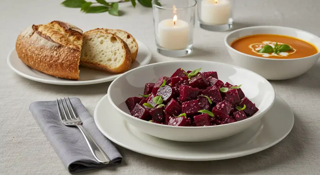 A bowl of vibrant Balthazar Beet Salad served with freshly baked bread and a bowl of creamy soup on a neatly set table.