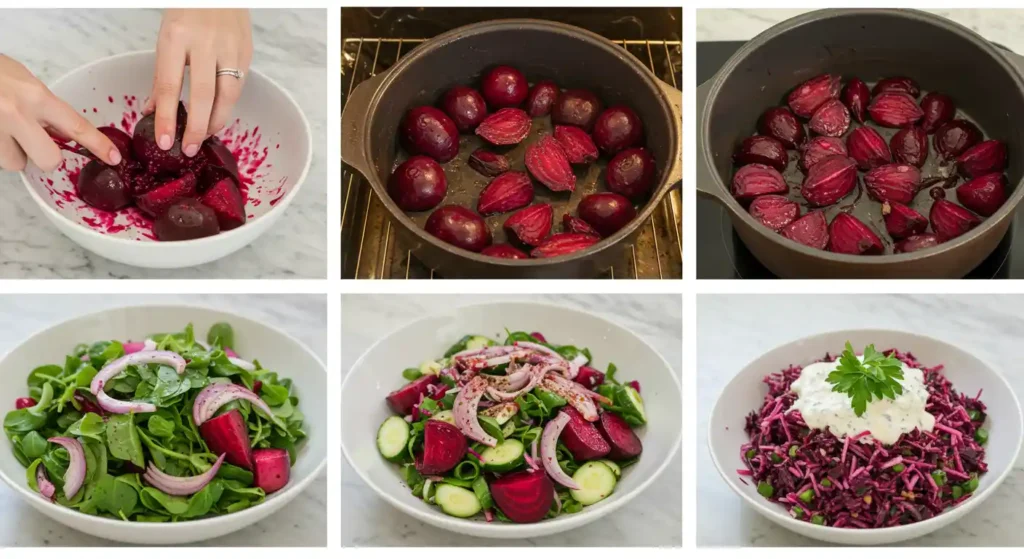 Step-by-step preparation process of the Balthazar Beet Salad, from cooking beets to assembling the final dish.