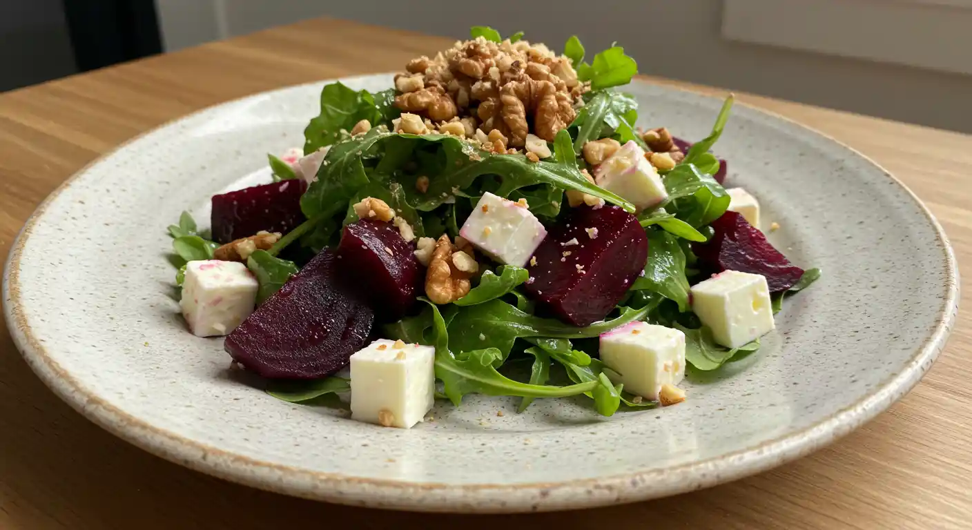 A plated Balthazar Beet Salad featuring roasted beets, arugula, goat cheese, and toasted walnuts.